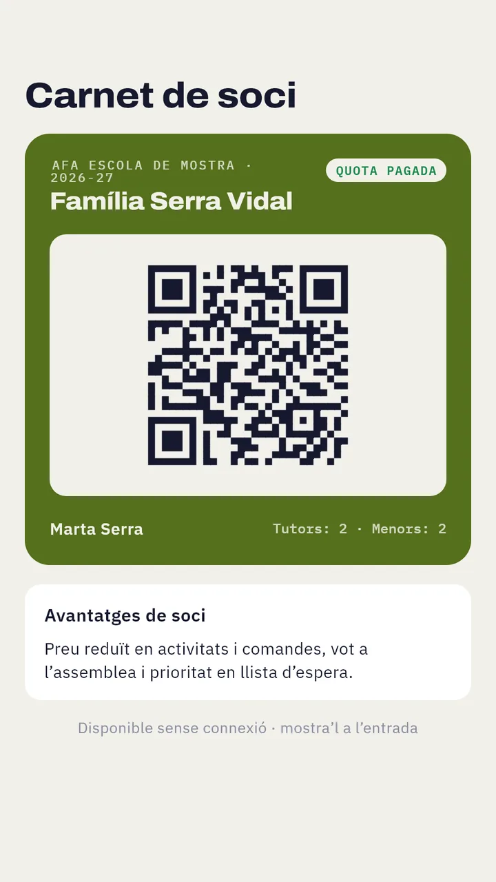 Pantalla de l'app: carnet de soci amb el codi QR i l'etiqueta «Quota pagada»