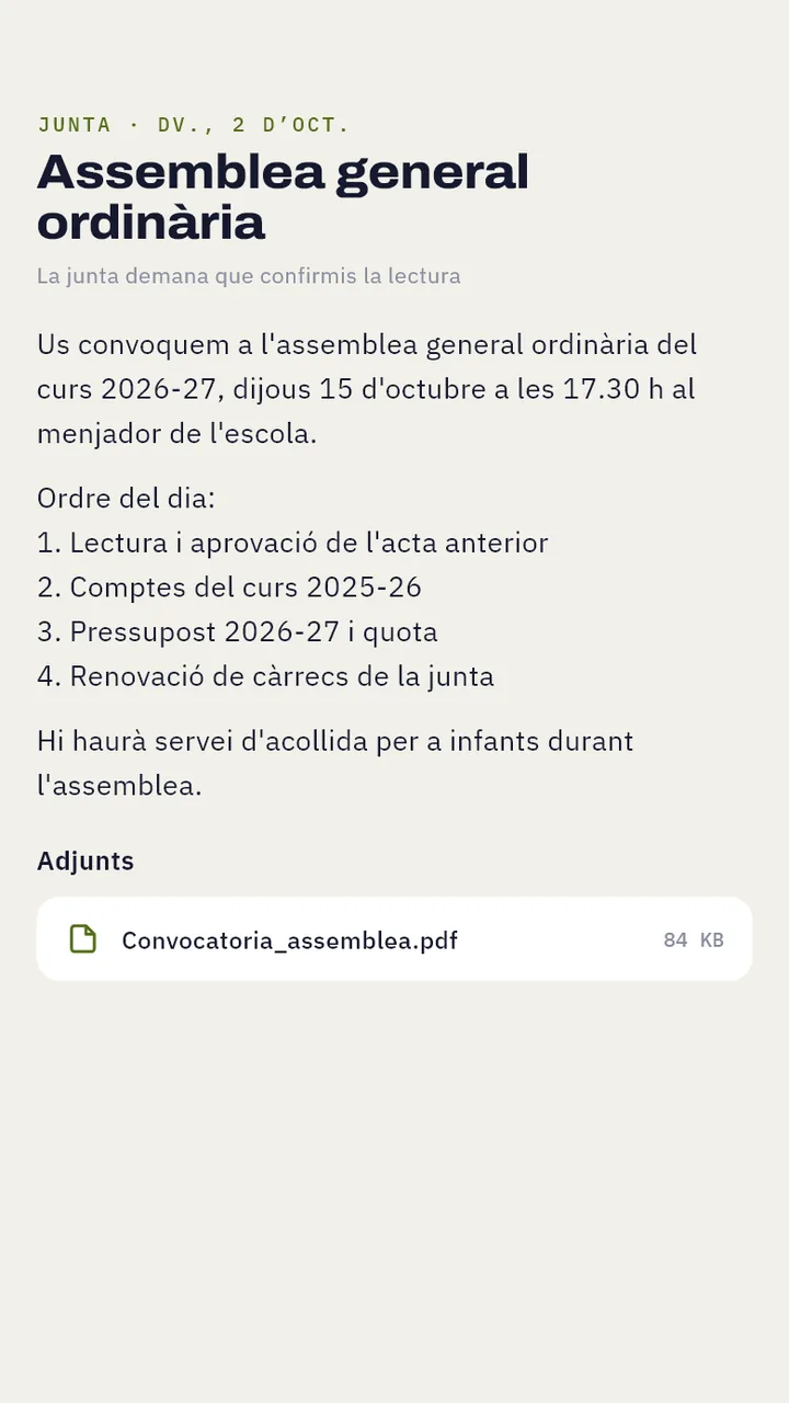 Pantalla de l'app: comunicat de convocatòria d'assemblea amb el botó «He llegit el comunicat»